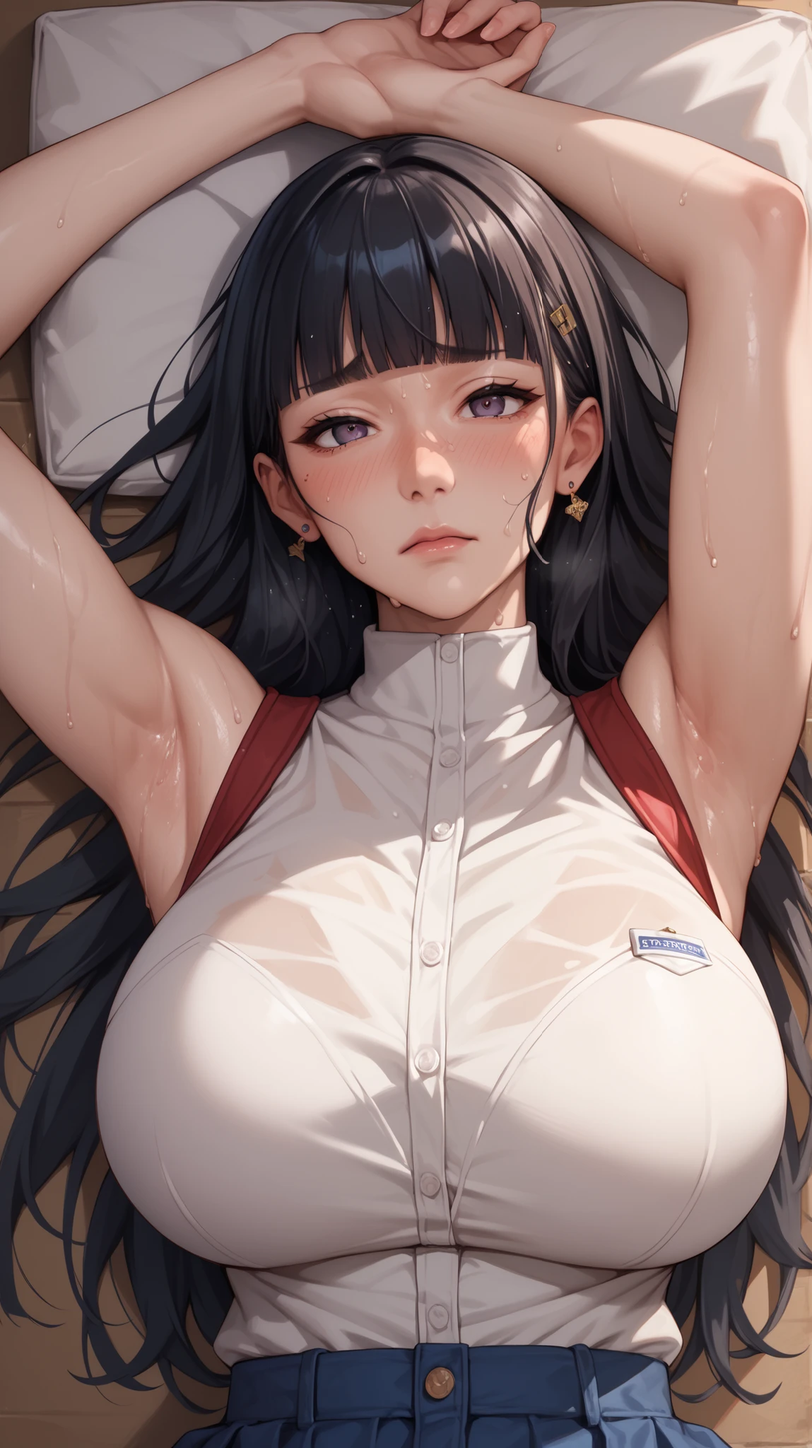 tan skinned anime woman wearing a cami top and jeans, famished in hunger, (necklace), (gently resting hands on stomach), (sweating), (lying down), (long hair), (hands on stomach)