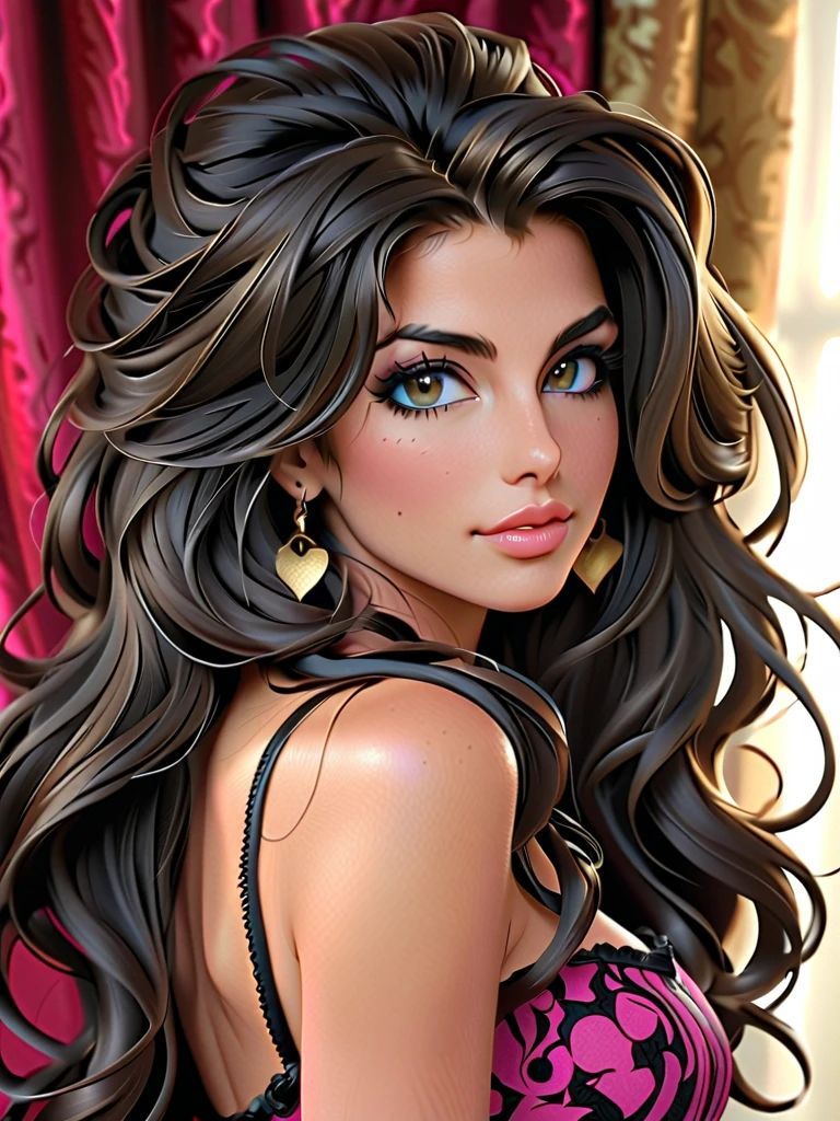 full body, extreme wavy auburn hair, luxurious hair, lustful eyes, a knowing smile, aroused 25 years old, playfully aroused, dripping with desire, busty cleavage, heavy bust, pajamas, slim waist, posing by the bed, coy smile with open parted lips, (blushing:1.3), looking lovingly at the viewer, seductive green eyes, an inviting pose, bedroom background, champagne, in love (pov), loving gesture, loving gaze, loving eyes, glowing eyes, highly detailed eyes, chocker, earrings, nsfw,