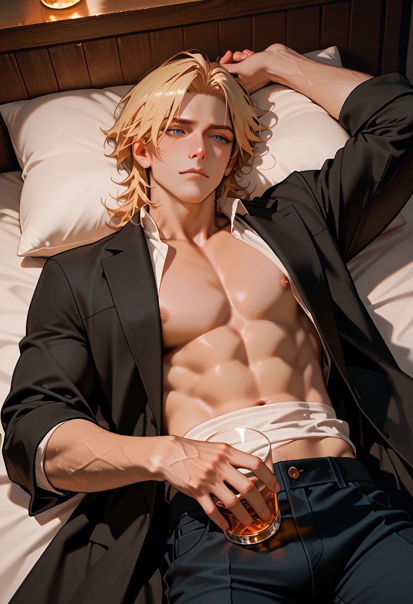 (maximum resolution: 1.2), (Ultra HDTV: 1.2), 8K resolution, Eye and skin detail, face detail, Body detail, Limbs detail, (Sharp focus: 1.2), (Precise focus) sharp face: 1.2), Boy, lying down, long hair, blonde hair
