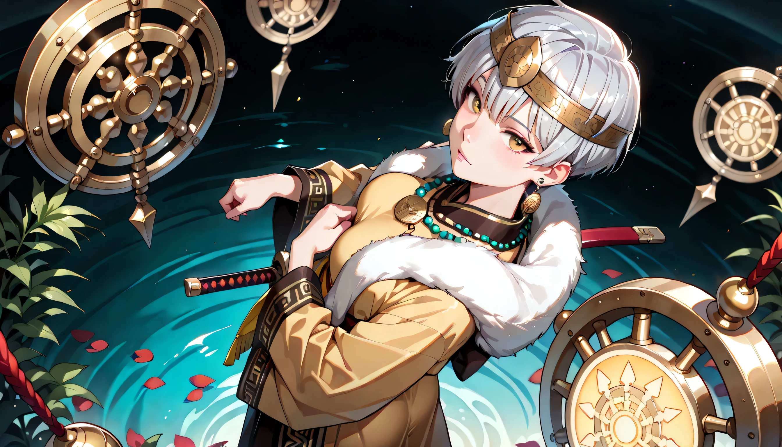 ((masterpiece, best quality, ultra detailed, high resolution, beautiful detailed face, beautiful detailed eyes, perfect hands, 4K)), (1 woman, solo), (medium breasts), (girl with short pixie cut, straight bangs, soft layers, neat around ears and nape, silver platinum hair), (wearing a traditional Tibetan or Mongolian ethnic ceremonial outfit. She wears a long mustard yellow robe with cross-over front layers and a large fur pelt draped diagonally over her shoulder. The robe is belted at the waist with a colorful woven sash featuring floral ethnic patterns. She wears a golden crown-like headband with large yellow orbs and metal fringe hanging over her forehead. Her earrings are large golden discs, and she has layered black and turquoise bead necklaces. In one hand, she gently holds a small golden Tibetan prayer wheel with hanging ornaments. The other hand softly touches her chest. Rich ethnic detail, traditional costume, cultural heritage, realistic portrait, full-body, high resolution.), black bandaged_arm, black bandaged_leg, barefoot, standing , Hold a katana in one hand, legs apart, looking at viewer:1.3,eye-level and over-the-shoulder shots, high angle, A young woman is drawn in a 3/4 view, facing slightly to the right. Her left eye is fully visible, while the right one is partially hidden due to the angle of her head. Her nose bridges slightly out from the center, and the mouth follows the curve of the jawline, subtly indicating the perspective. a dark mysterious swamp filled with white spider lilies, ethereal mist floating above black water, glowing red petals, melancholic atmosphere, cinematic lighting, fantasy landscape, detailed environment, ornamental black lotus tattoo on mid chest, buncy butt, wind lift skirt.