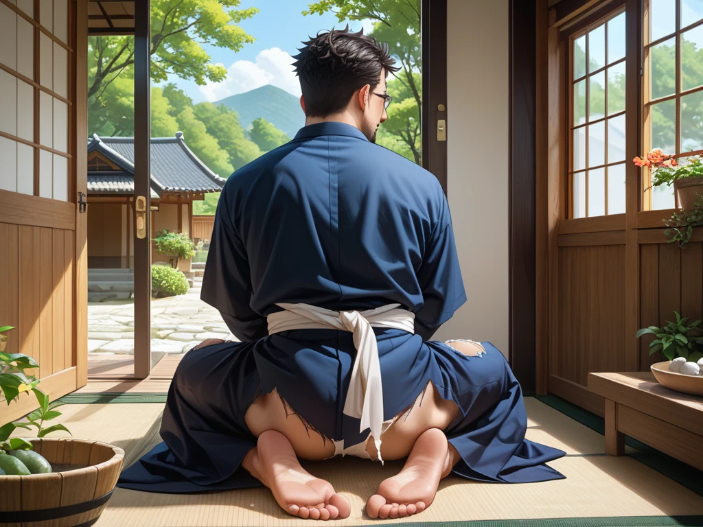 He's letting out a big fart.,,Naked butt,kimono