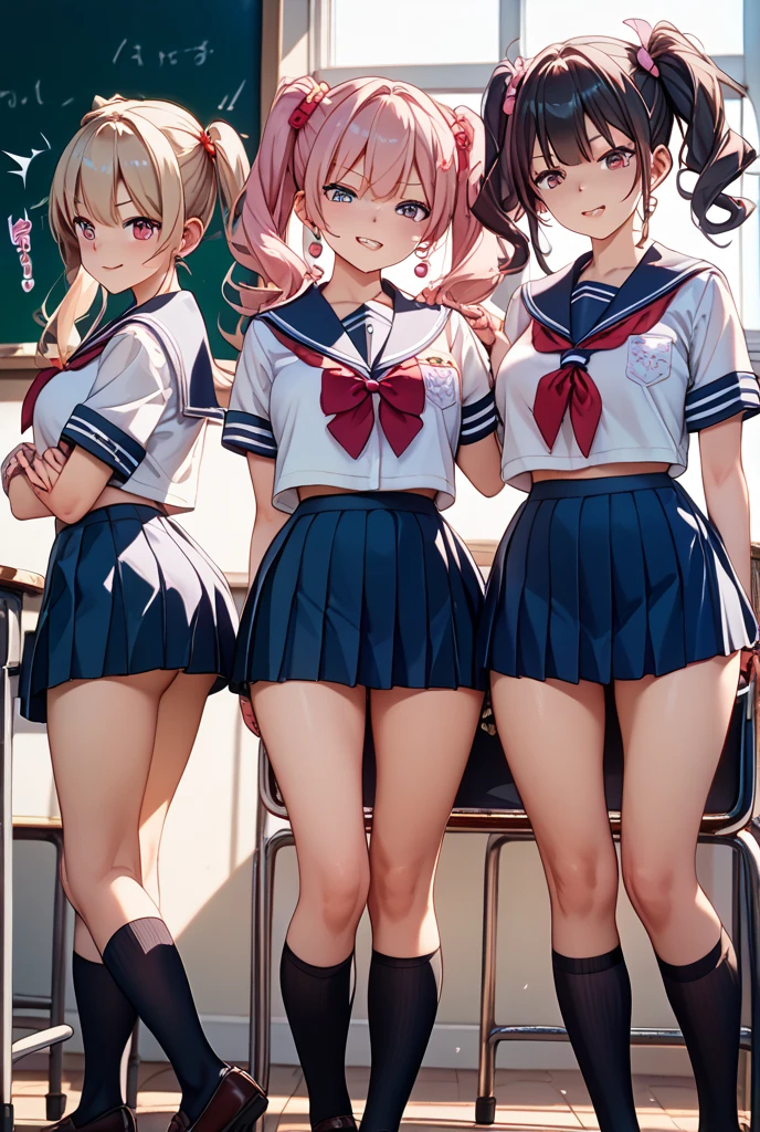 ((masterpiece, highest quality, High resolution, 超High resolution, Perfect Pixel, Depth of written boundary, 4K, RTTX 10.0, High resolution))), (Five adult women:1.3), Beautiful Anime Woman, Beautiful art style, Anime characters, ((Long Hair, bangs, Dark brown hair, Various hairstyles)), ((Beautiful eyelashes)), ((Detailed face, blushする:1.2)), ((Smooth texture, Realistic texture, Anime CG Style)), Perfect body, Slender body, Exact finger count、Exact number of legs、Exact number of arms, (blush:1), (The five women are standing side by side, lifting their skirts to greet the crowd.:1.2), ((Fashionable white shirt, Sailor collar, mini skirt, Frilly maid apron arrangement, garter belt, Knee socks, loafers: 1.2)), (Lift up your skirt yourself:1.1), Realistic, (Slender body:1.1), highest quality, High resolution, 非常にDetailed face, Perfect lighting, Extremely detailed CG, (Perfect hands, Perfect Anatomy), Embarrassed expression, (School classroom, Blackboard background:1.3), Morning sun-like lighting, whole body, ((Stylish and sexy shiny satin panties, Stylish lace side-tie panties, White panties, Dark pink panties, Dark Blue Panties, :1.2)), Angle from the front、(Beautiful and thin thighs:1.1)