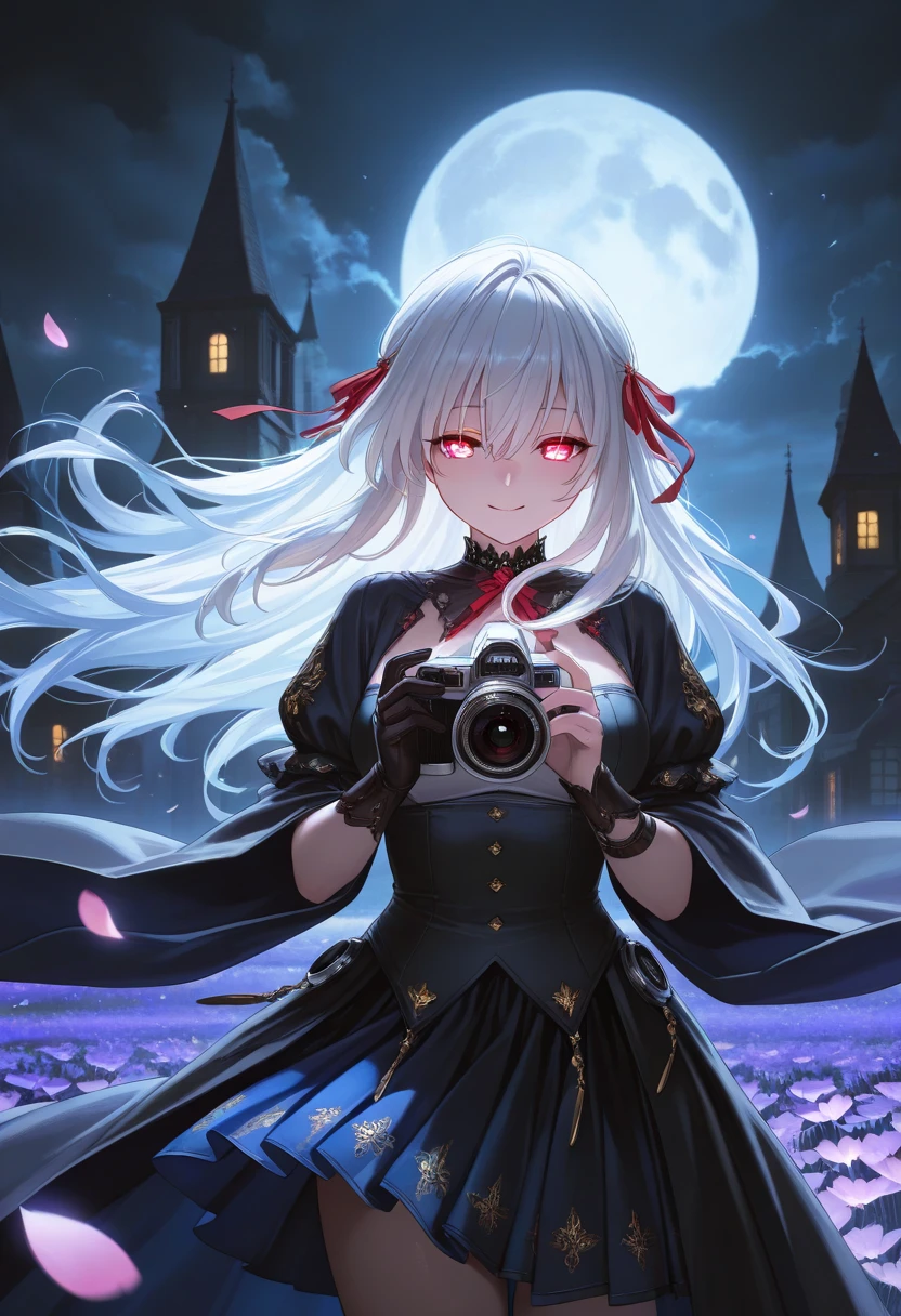 A masterpiece, very detailed, ultra detailed, one, (1 woman), She is in a black witch hat with red details, super mature, tall, mother, mature mother, super long hair, bright white straight hair and bangs on the sides, beautiful, charming, black sclera and blood-red eyes, elegant, big breasts (huge, torn), cheerful breasts, wide smile, wild smile, crazy smile, toothy smile, charming, Camera on the face, looking at the camera, dark background, atmosphere against the background of a huge red aura around her.