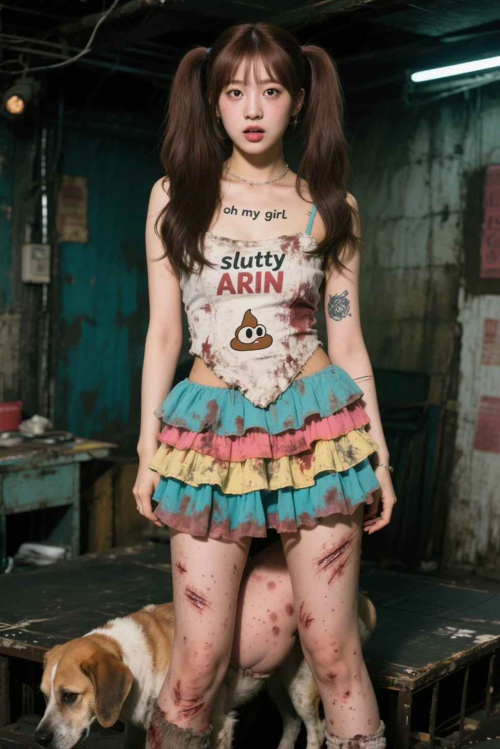 (high resolution:1.2),ultra detailed,realistic,sharp focus,colorful,graffiti covered walls,street artist girl,vibrant clothing,passionately singing,energetic performance,street art backdrop,urban atmosphere,bustling street scene,hustle and bustle, expressive facial expressions, dynamic pose, original accessories, confident stage presence, attention-grabbing fashion style, unique street style, city nightlife, neon lights illuminating, street fashion culture, youthful energy, crowd screaming, positive vibes, art, stylish sneakers, urban graffiti culture, paint-splattered streets, showcase of urban talent, vivid colors, eye-catching images, high-energy performance, electric atmosphere, Musical expression, Urban lifestyle