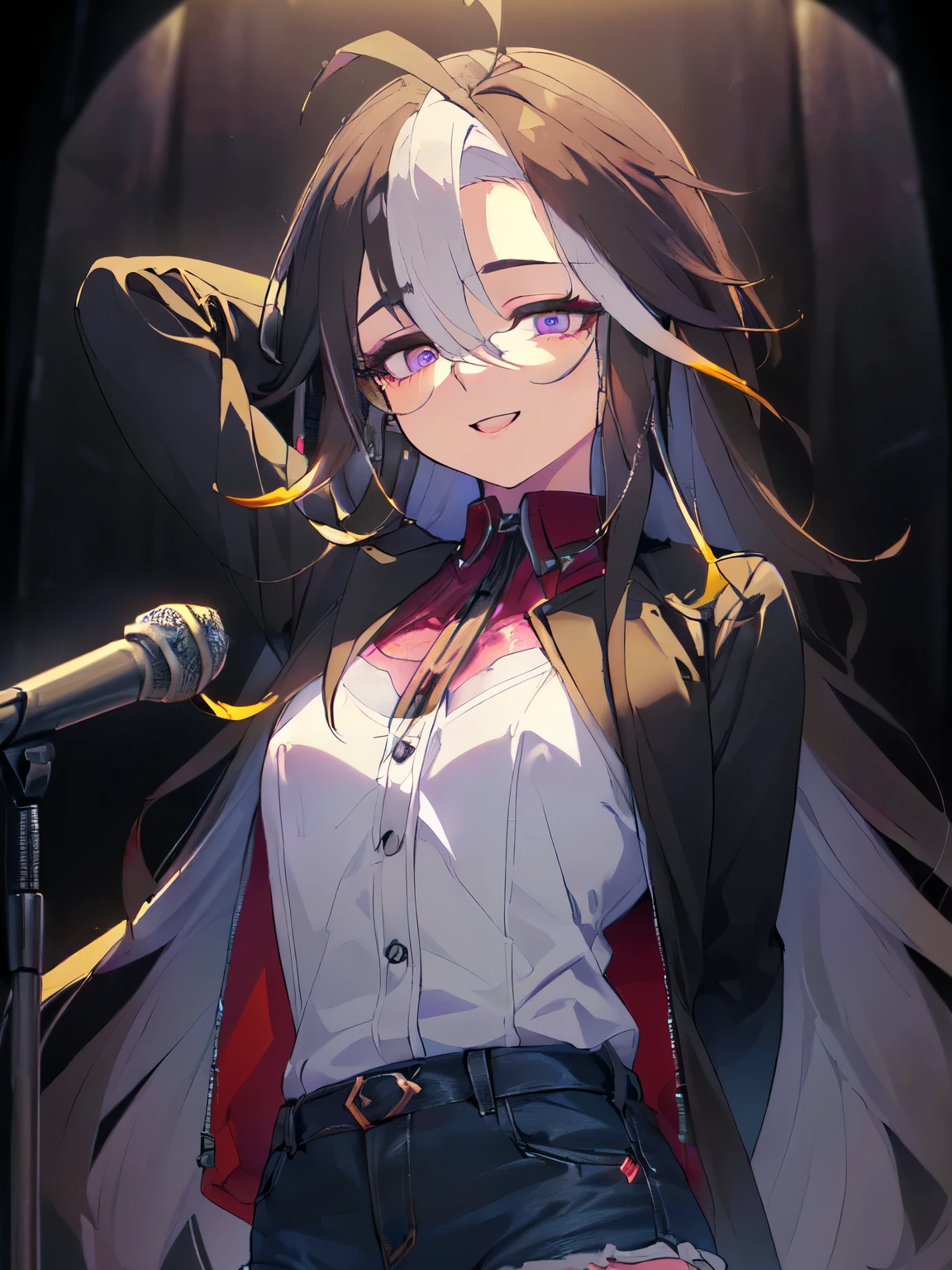 (Solo, Alone, Little Sister Attribute, Clothes that cover the chest, Short, Short arms, Smooth skin, Cute face, Purple eyes, Wearing big headphones, Standing in front of a big microphone stand, Super long wavy hair, Ahoge, Black long sleeve outer jacket, White inner blouse with lace collar, Denim shorts, Eyeshadow makeup, Cheek makeup, Bright smile, Happy expression, Talking into the microphone stand, Arms folded behind head, Radio recording booth, Dark background, 2DCG animation, Anatomically detailed, Masterpiece, Highest rating, 16K, Upper body only: 1.5)