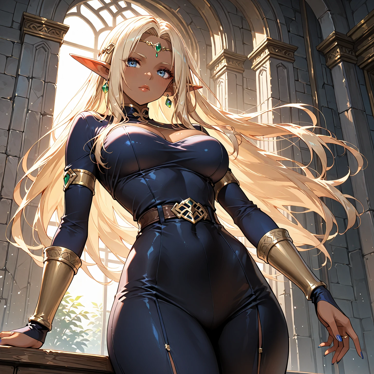High resolution, Very detailed, perfect lighting, beautiful detailed eyes, ((masterpiece,Best Quality)), absurdities, alone, princess zelda, by the width, crown braid, Hair clip, pointy ears, corset azul, long sleeves, Gloves without fingers, black gloves, tight latex pants, smile, curves, nod, , deep neckline, deep neckline, NSFW, visible nipples, tight latex pants, Primer plano frontal, Primer plano frontal, Session