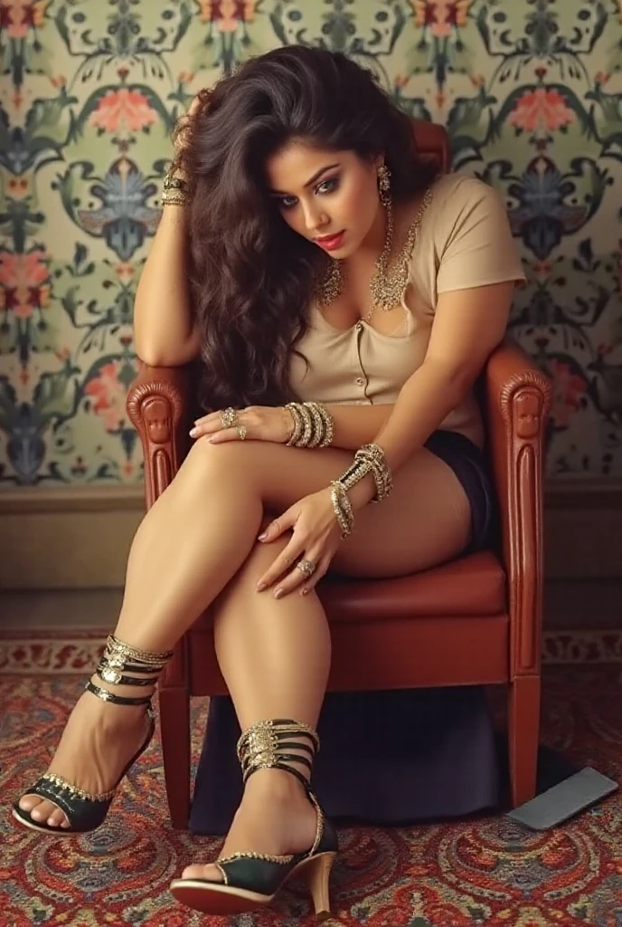 BIOLUMINISCENCIA Mujer sentada en una silla amarilla con las piernas cruzadas, en su trono, sentada en su trono, Pinup, Ameera curtida al taweel, sentado en una silla elegante, sentado en la silla, piernas jugosas, Modelo Pinup, Envuelto en aceite dorado brillante, pose muy sexy, 30-year-old woman from cuba, look sexy, sexy girl