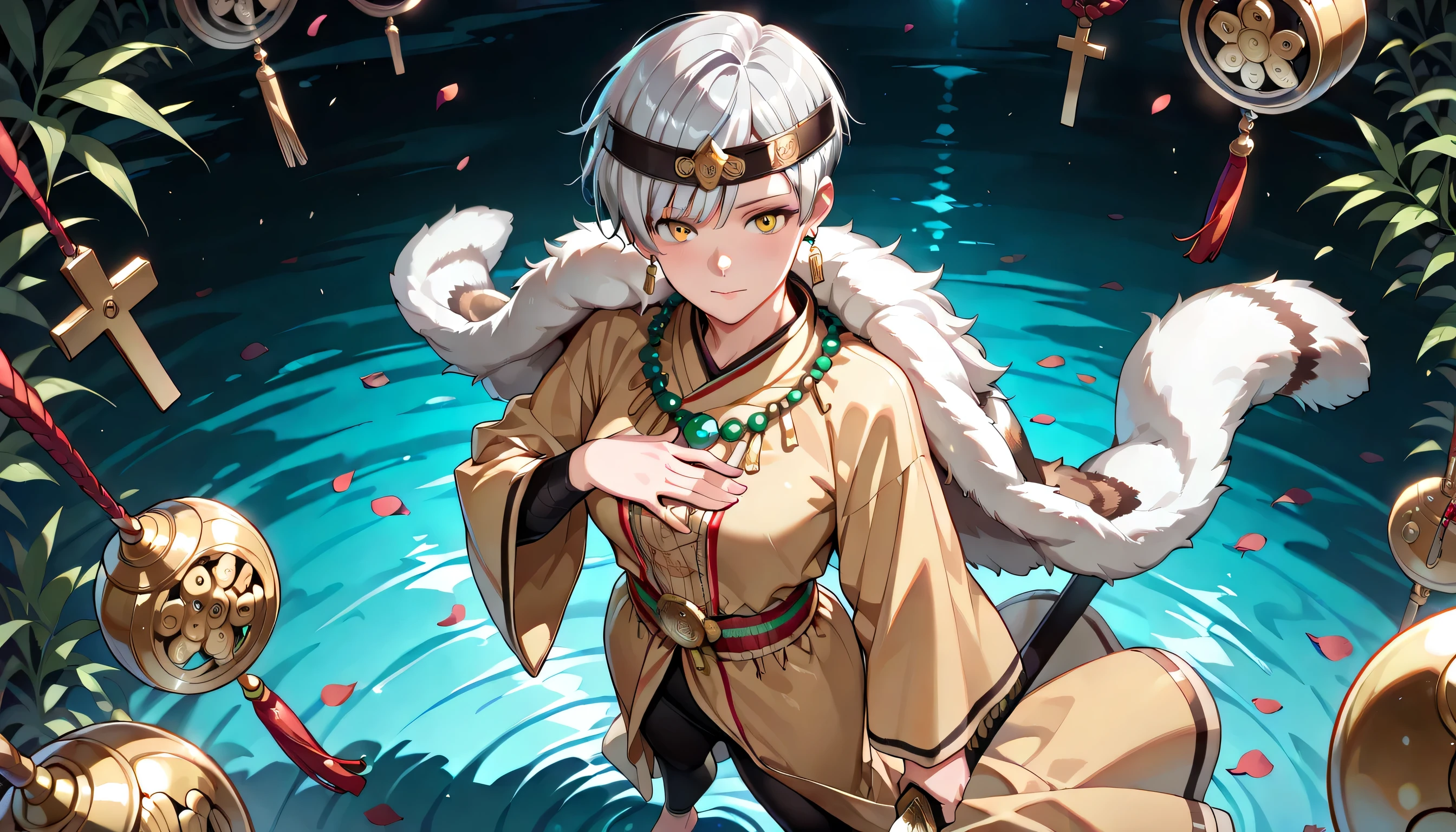 ((masterpiece, best quality, ultra detailed, high resolution, beautiful detailed face, beautiful detailed eyes, perfect hands, 4K)), (1 woman, solo), (medium breasts), (girl with short pixie cut, straight bangs, soft layers, neat around ears and nape, silver platinum hair), (wearing a traditional Tibetan or Mongolian ethnic ceremonial outfit. She wears a long mustard yellow robe with cross-over front layers and a large fur pelt draped diagonally over her shoulder. The robe is belted at the waist with a colorful woven sash featuring floral ethnic patterns. She wears a golden crown-like headband with large yellow orbs and metal fringe hanging over her forehead. Her earrings are large golden discs, and she has layered black and turquoise bead necklaces. In one hand, she gently holds a small golden Tibetan prayer wheel with hanging ornaments. The other hand softly touches her chest. Rich ethnic detail, traditional costume, cultural heritage, realistic portrait, full-body, high resolution.), black bandaged_arm, black bandaged_leg, barefoot, standing , Hold a katana in one hand, legs apart, looking at viewer:1.3,eye-level and over-the-shoulder shots, high angle, A young woman is drawn in a 3/4 view, facing slightly to the right. Her left eye is fully visible, while the right one is partially hidden due to the angle of her head. Her nose bridges slightly out from the center, and the mouth follows the curve of the jawline, subtly indicating the perspective. a dark mysterious swamp filled with white spider lilies, ethereal mist floating above black water, glowing red petals, melancholic atmosphere, cinematic lighting, fantasy landscape, detailed environment, ornamental black lotus tattoo on mid chest, buncy butt, wind lift skirt.