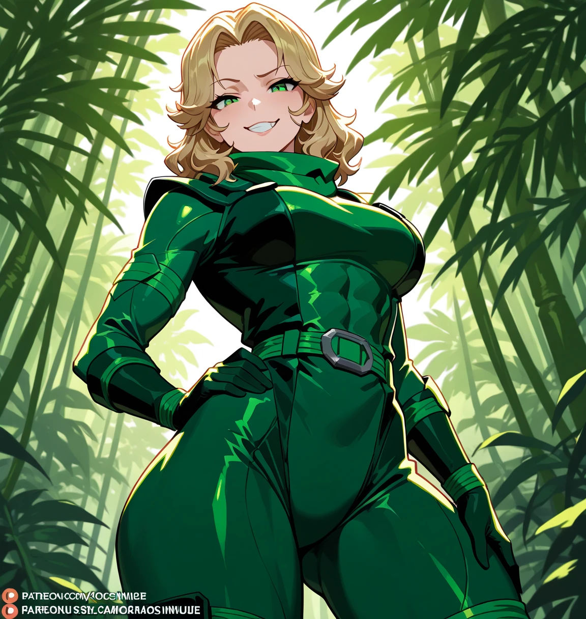 score_9, score_8_up, score_7_up, score_6_up, BREAK Bianca from pokemon, wearing bicycle outfit, big breasts, seductive smirk, hands holding own hips, sweating, in a forest, blonde hair, glasses