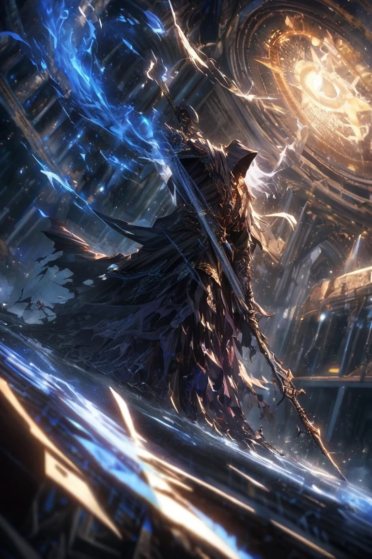 (masterpiece, Highest quality, Very detailed, Best Shadow), (Detailed Background, Dark fantasy), (Beautifully detailed landscapes), High Contrast, (Best lighting, Very delicate and beautiful), ((Cinematic Light)), colorful, Hyper Detail, Dramatic Light, Intricate details, Dynamic Angle), Black light swirling around, Depth of written boundary, black light particles,(Broken glass),magic circle,water,huge clocks,zero,the sun and the moon, **Landscape only**, **There are no people**, Watch Center, **A clock sinking in water**, Blue glowing light, Huge tower and city, **Landscape**
**Focus on:**
* **A clock sinking in water**
* **Black light swirling around**
* **Huge tower and city**
* **Landscape**
* **No people**
**Additional details:**
* **Style:** Dark fantasy, cinematic lighting
* **Colors:** Blue glowing light, black light particles
* **Composition:** Dynamic angle, depth of field, intricate details
* **Elements:** Broken glass, magic circle, huge clocks, the sun and the moon