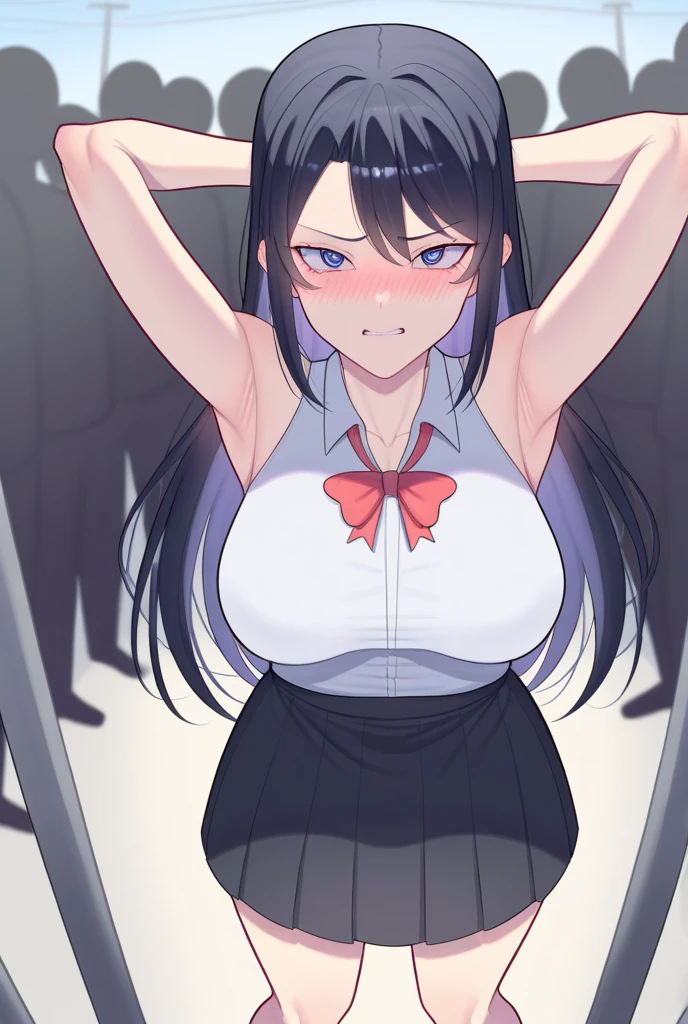 Italian girl, with very long black hair, 25 years old, hyper super gigantic and mammoth breasts, thin, has wet breasts, wears a torn tight blouse that does not contain the breasts and a pleated black miniskirt, and paired with a boy, inside a school classroom
