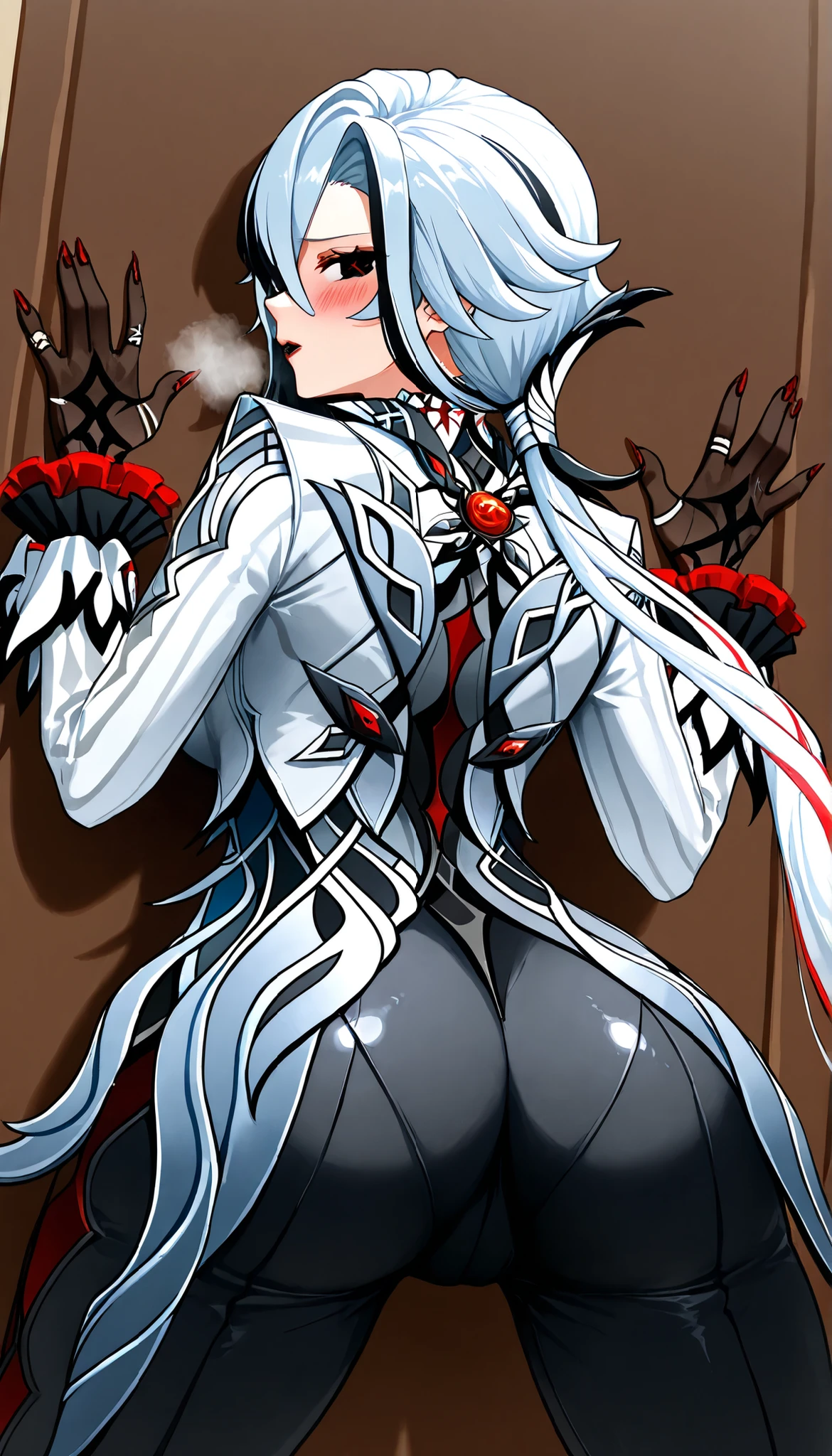 A female,SOLO,streaked hair,Short white hair, spike hair, black eyes,Red x-shaped pupils, black eyeshadow, black lipstick, white aristocrat jacket, black tigh pants,black silk gloves, sharp fingernails,vision_\(genshin_impact\), large breasts,Meetingroom,absurdres, highres,UHD, anatomically correct , Arlecchino_\(genshin_impact\),(Spreading Legs),Standing on the floor,(Both hands hold the Wall),Torogao,blush,heavy breathing,big butt,Shiny skin,(Cowboy shot),(From Back),(Look back),(look at the view)