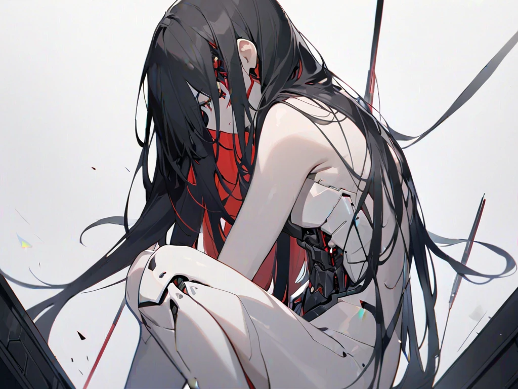 (depict girl in bondage, long black hair, straight hair), bedroom, small breasts, shy, upset, (((bondage))), (((gag))), (bound with ribbons), (arms behind back), ribbons around chest), (Masterpiece, Excellent, complex details), delicate girl, delicate face,