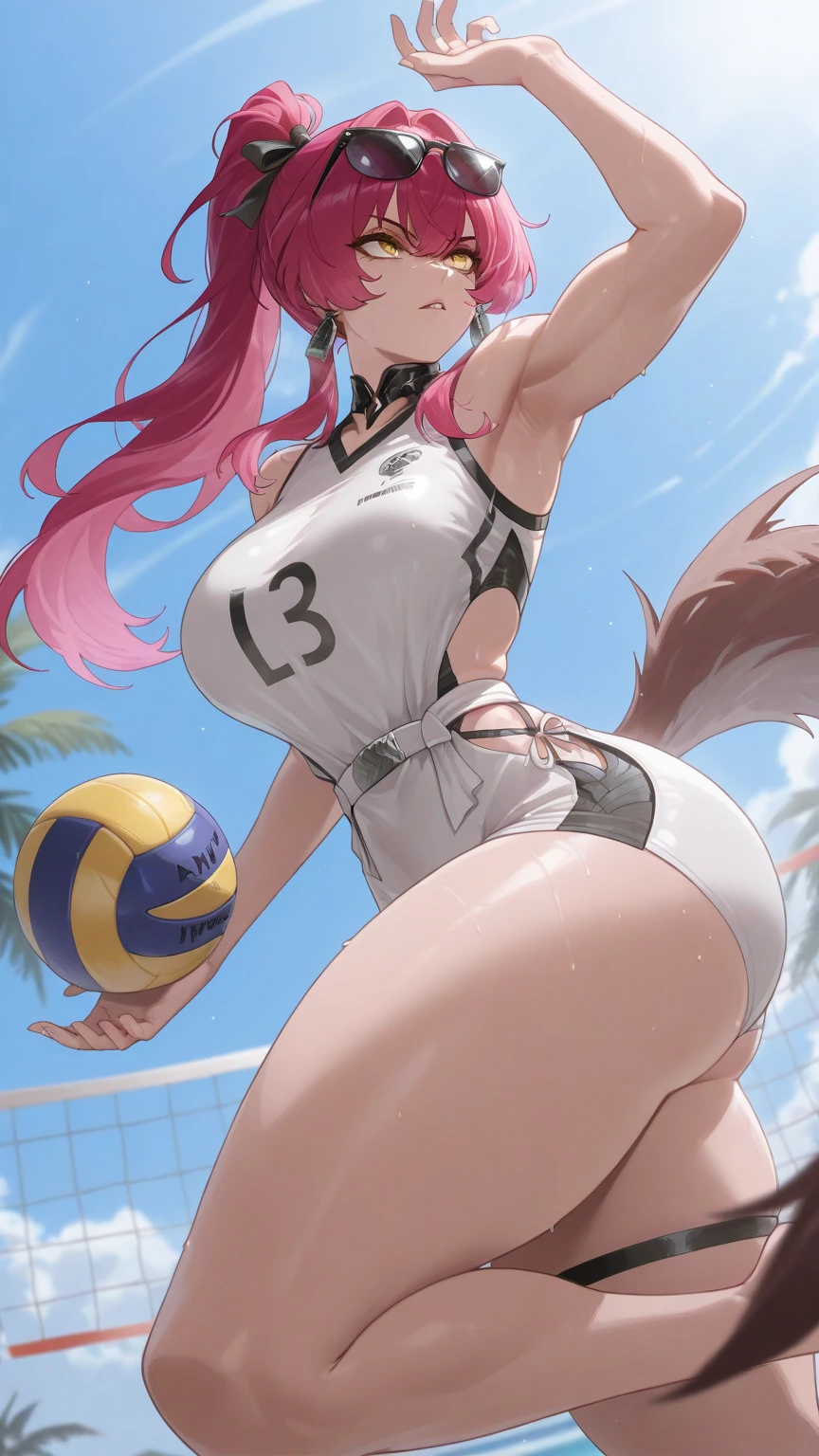 volleyball player,dark skin woman,white hair,cat ears,big breasts,with sweaty body,in a square