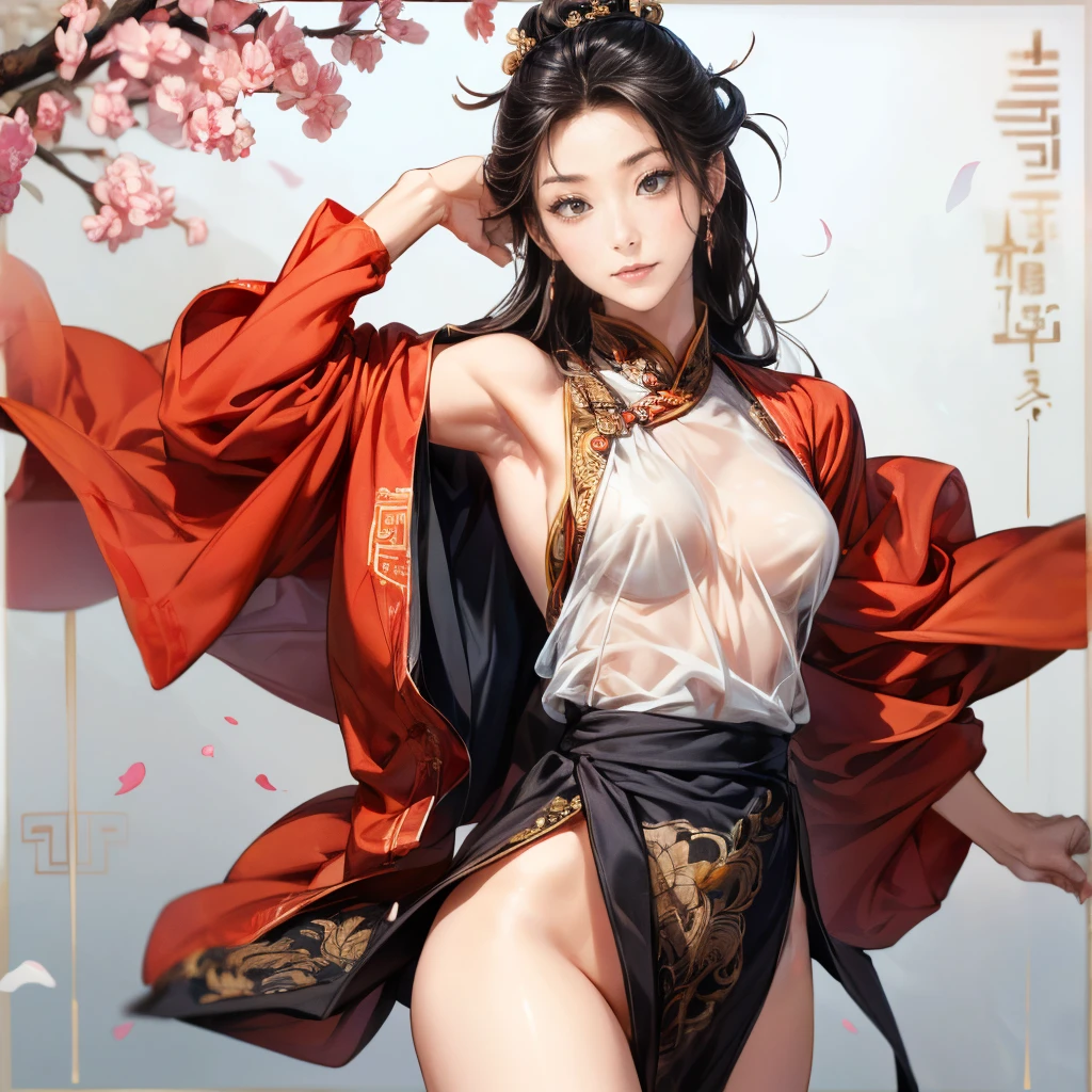 ((night, bamboo forest, Fall, hot spring)), ((8K Ultra HD, 8K, Ultra-high resolution, best quality, masterpiece, Surrealism, Digital SLR Camera, Soft Light, Bokeh, Masterpieces)), ((Creating the image of a real girl), warm light, Realistic shadows, Dynamic poses, Elegant Posture, Cowboy lens, Full body front view, Be confident, Facing the camera, Standing posture, Open your legs slightly, Golden Ratio Graphics, Minimalism), (Happy smile, Big watery eyes, Cherry Blossom, Balanced Eyes, Perfect beautiful face, Normal facial features, Realistic skin, Attention to skin details, Skin is clean and radiant, Whitening, Anatomically correct body, 沙漏型figure, figure, cosmetic, Gloves, earrings, bracelet, necklace, Jewelry, veil, Hair accessories, Headdress, shawl), ((beautiful hair), Reddish-brown hair, Wavy curly hairstyle, Waist-length hair, Messy Hairstyle, Gradient hairstyles, Cyberpunk hairstyle), ((透明的clothing：1.5), (clothing颜色: Red and white), (clothing: 科幻clothing)), (Sexy的, Perfect breast shape, Teardrop chest shape, Snow-white breasts, very detailed breasts, 36C cups), (Super high waist, Deep V, Low-cut, Sexy, Flattering, Open crotch, (Camel toe, High fork strangulation)), (sock, Knee socks, 吊garter, Leg ring, garter, 腿部garter), (style:Sexy,Mature), Fashion icon with glossy transparent lipstick, Wearing a transparent latex dress 