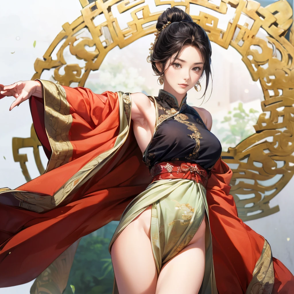Official Art, Unified 8K Wallpapers, Ultra Detailed, Beautiful and Aesthetic, Masterpiece, Best Quality, (Zentangle, Tangle, Entangle), (fractal art: 1.4), 1girl, black hair, Chinese, bare shoulders, short skirt, calf, navel, very detailed, dynamic angle, cowboyshot, (most beautiful form chaos), flowing, (bright colors), oc, (half: 1.2), china, (thangka flying sky: 1.5), (ribbon: 1.3), (dream: 1.5), (hanfu: 1.5), Chinese dragon, Chinese phoenix, (smile: 0.5), (Chinese deity), --auto --s2