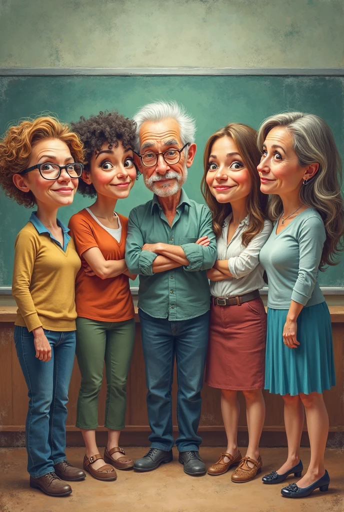 make this image with 5 girls all with long hair (3 with long dark curly hair and 2 with straight black hair) and a short old teacher with white hair, cartoon-like
