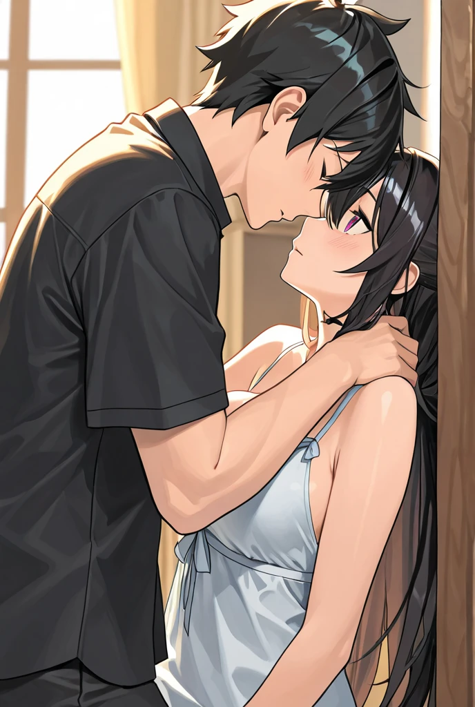 shinkai makoto, Kimi No Na Wa., 1 boy, Shaved head, , Boys are behind girls, Touching the chest, Rubbing breasts from behind, grab, grabbing chest,chestgrab behind back, Remove your bra, Hold the bra, Embrace, Embrace, Kiss on the neck, One girl, Black Hair, Waterfall knitting, Red ribbon, Long Hair, Brown eyes, blue star necklace, Light Cardigan Pink, Open shirt, Yellow shirt Open shift, belly button, cute, Open your mouth, whole body, Long sleeve, Cowboy Shot, masterpiece, On a date, Blushing, Bedroom, night, Sit on the bed , Shaved head,Topless,Nipples are erect,Armpit sweat,Shyness,clear,High exposure,Having my armpits licked,His arms are tied and he is hanging from a rope、A beautiful adult woman with long hair、sexy shorts
