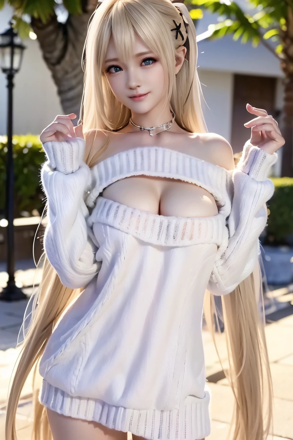 top-quality、​masterpiece、超A high resolution、(Photorealsitic:1.4)、Raw foto、1 girl in、a blond、full body Esbian、large full breasts、Ultra exposed cleavage、erotick、?????? look、gargantilha、二重まぶた、Loose and fluffy perm、semi long hair、student clothes、a miniskirt、JK Ribbon、Thin, skinny clothes