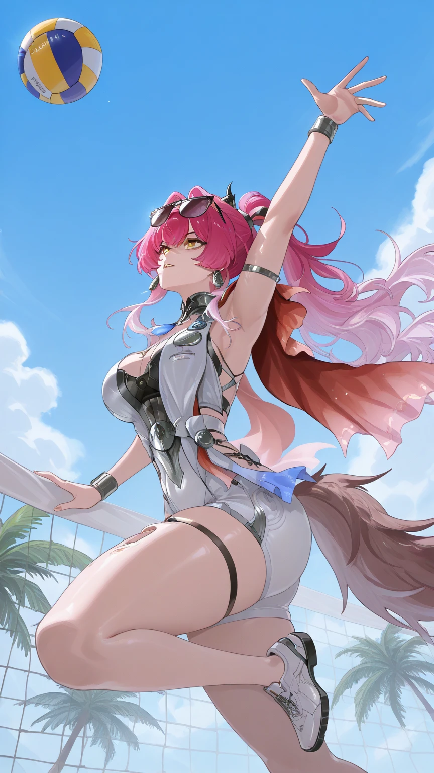 Best quality at best, tmasterpiece, Incredibly beautiful, very elaborate 8K wallpaper, otherworldly beautiful girl, , (Dark skin), (blonde hair pink gradient hair), Side pony, intermittently, Open your mouth and laugh, Long eyelashes, cosmetics, Close her eyes, (zoomout, The large, BigREAK, 夏天, Beachy, (比基尼), Reflection in the water, (Floating water drops blur foreground), (blue-sky), lens flare glow, (water splash), rays of sunshine,