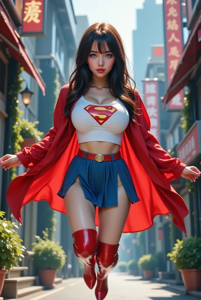 ((La mejor calidad, better resolution, absurdo, 8k, Obra maestra)), 1girl, Mujer, Helen Slater (Superactriz), mujer joven, 19 years old, cabello largo y rubio, expresivos ojos azules, School uniform for Korean girls (Camisa blanca y minifalda plisada), Cosplay of Supergirl in Korean Girls' School Uniform, Busto mediano y grande, NSFW, postura (rodillas dobladas y piernas abiertas), pies,chubby, gordibuena,piernotas