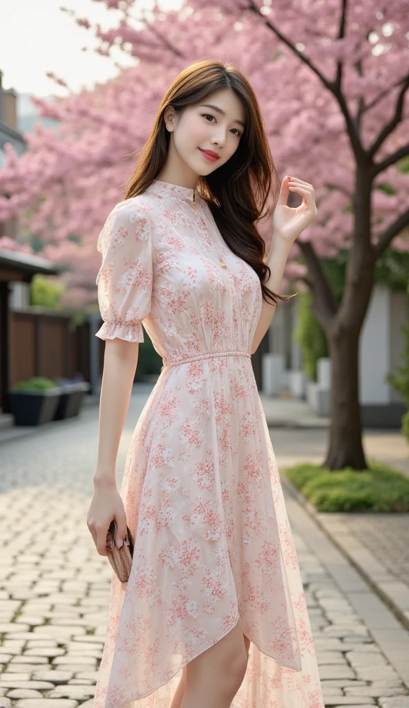 araffe woman in a dress and hat standing under a tree, under sakura tree, sakura season, sakura bloomimg, sakura petals around her, sakura season dynamic lighting, beautiful japanese girls face, by Ai-Mitsu, spring day, with short hair, sakura tree in background, blossom sakura, spring time, girl in flowers, cherry blossom