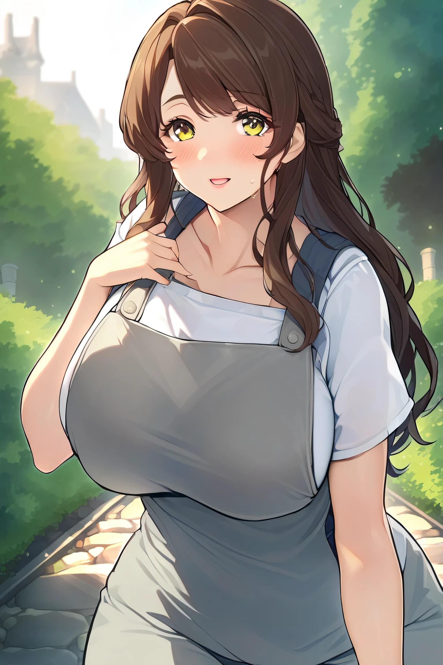 Female character, Brown hair, green eyes, very Super big big breasts, farmer's clothing tight, marked nipples, sad look, sad smile, hands together, her breasts fall from her hands, 37 year old woman, milf, belly chubby, Farmer's clothes, commoner's clothes, poor woman clothes
