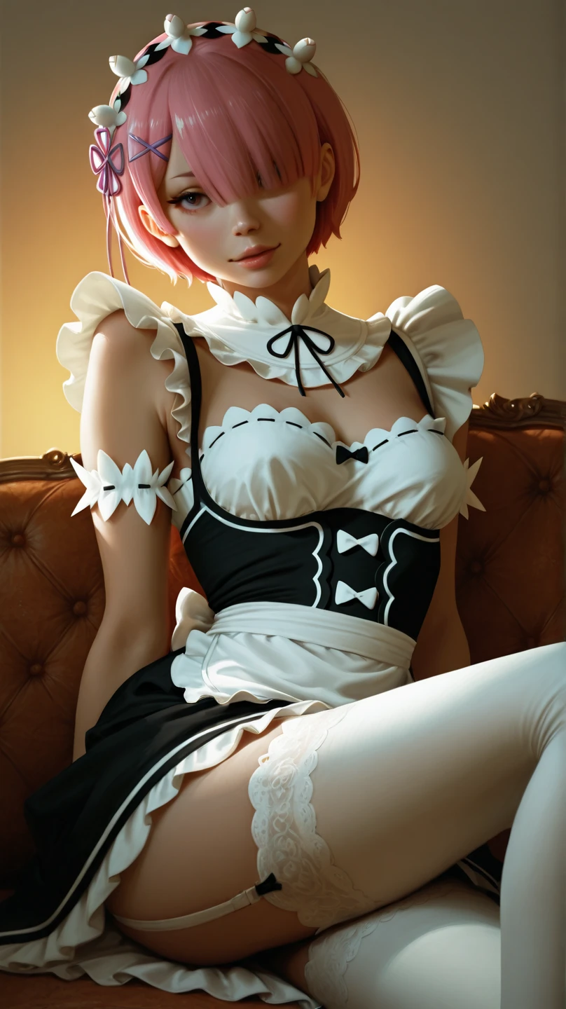 (very embarrassed, timid, active posture),(Appearance) - "young, ((black)), Japanese, green eyes, pink hair with red streaks, pulled back into a ponytail, Normal assembly, toned, firm breasts, round, hard ass, full arm tattoos, Tattoo on the thigh"
(cloth) - &quot;black and white maid uniform&quot;, figured neckline, not good, Short skirt, White transparent tights, thong (sexual, lace).
