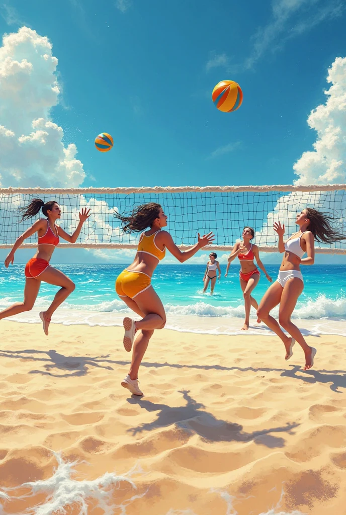 realistic high quality photo of two girls playing beach volleyball, detailed facial features, long hair, athletic bodies, colorful bikinis, sandy beach, blue sky with clouds, sunlight, motion blur, dynamic pose, vibrant colors