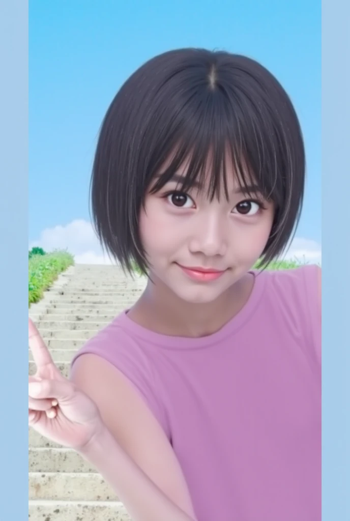 A baby-faced beautiful girl with short hair and big eyes goes on a date at an amusement park..