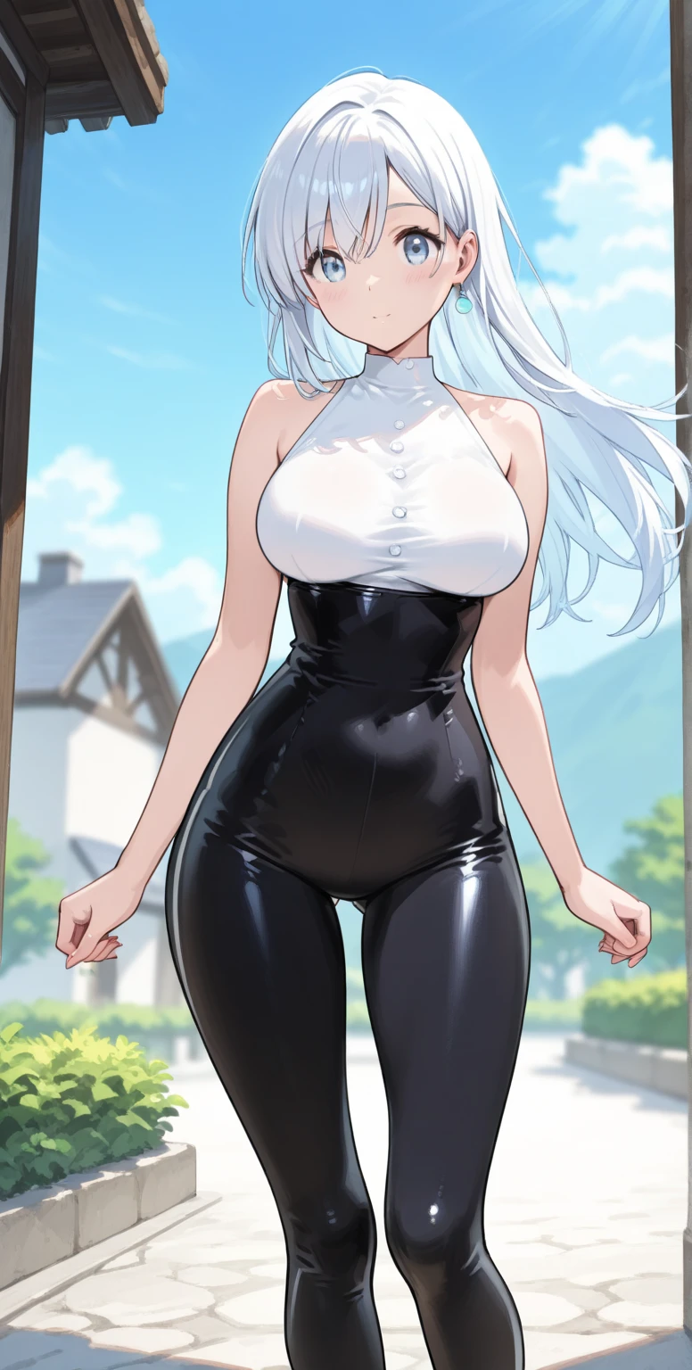 (((I want a woman alone, light skin, long gray hair, completely black eyes, medium curvy body, medium chest, Wearing a nice outfit while making funny faces)))