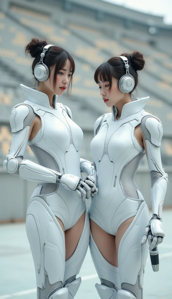 Japan women、28 year old、Standing Pose、Full body like、(((dressed in a white bustier and cybernetic suit,、Arm Cover、Leg protector、choker necklace、Cybernetics-inspired details)))、White panty bra、Transparent Panty House、((Exposure of the abdomen and thighs))、Moderately sized bust、beautiful dark chestnut hair、 Detailed skin texture, Detailed Cloth Texture, beautifull detailed face, Looking at the camera、二重まぶた、Shining eyes、Smile、perfect buttocks、Intricate details, ultra-detailliert, soft light rays、Cinematic lighting、radiant eyes、shinny skin、realisitic、The perfect female figure、Constricted waist、enchanting posture、sexy pose、Facial Lights、Soft light、Dark background、realistic representation of face、(top-quality、Nikon RAW Photos、8 K、Kodachrome、masterpiece、超A high resolution)