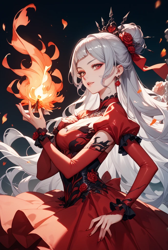 Masterpiece, very detailed, ultra detailed, one, (1 woman), Sporty body, six press packages, she is in a ballroom lace red dress with bright gold details, with a fiery sword in her hand and in a standing and fighting position, long hair, bright white hair and short bangs and tied hair in the tail, white demonic horns, beautiful, charming, bright red eyes, elegant, large breasts (huge), neutral face, calm face, charming, against the background of fire, flame and lava.