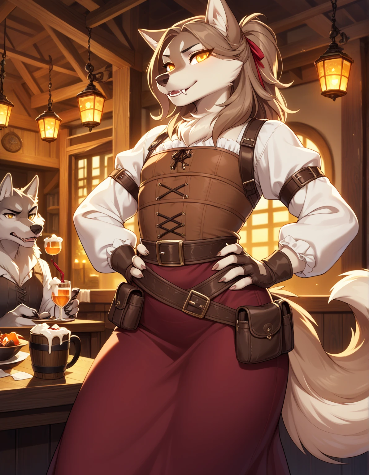 by greasymojo, by levelviolet, by walter_sache, solo, female, vulpine, red fox, (snout, hair, tail), loose bun hair style, hair style, smile, happy smile, lean body, wide hips, thick thighs, Bavarian beer maiden servers loose blouse, shoulders bare, ambient lighting.