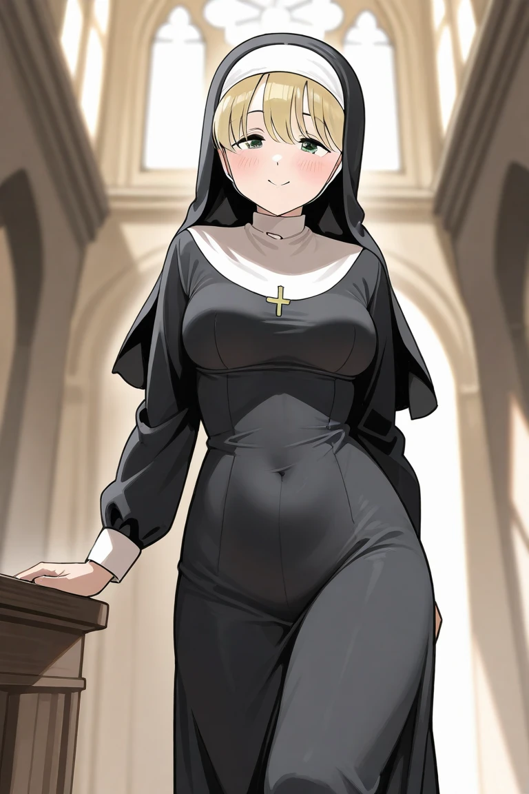 1girl, church, detailed background, elaborate background, elf, dark skin, dark skinned female, black hair, green eyes, dark-skinned female, huge breasts, praying, cross necklace, nun, facing the viewer, solo, crop top overhang, long skirt, clothed
