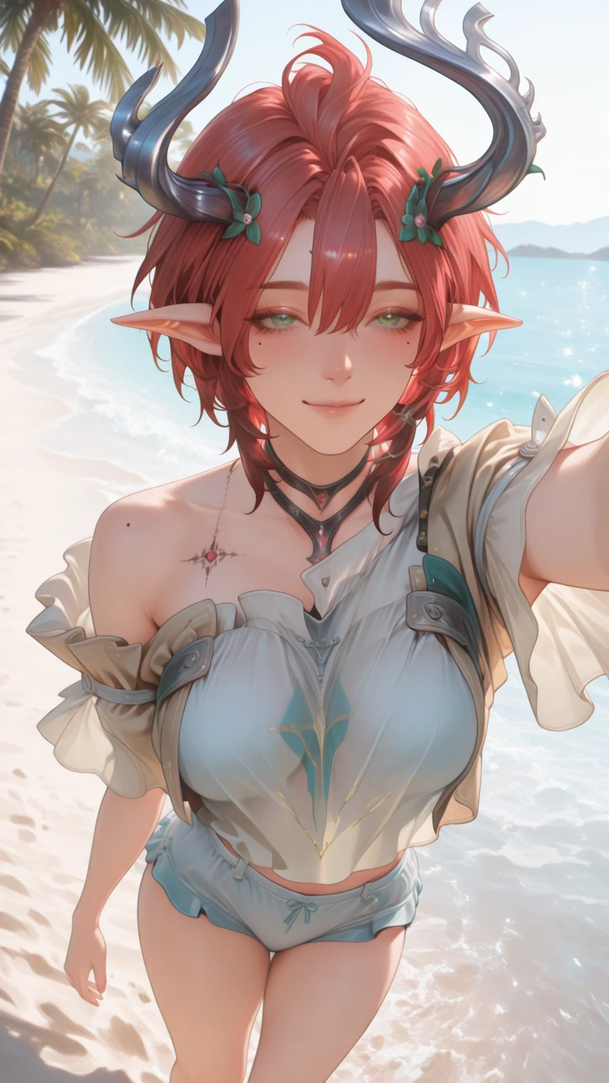 <lora:add_detail:0.3>,
masterpiece, best quality, (highres, cg 8k illustration),
((1girl as elf with pointy ears and red hair and wet hair and wet body)) and
(detailed face and glossy detailed blue eyes),
(blurry background, simple background, depth of field),
(painterly, beautiful and delicate, pastel colors), authentic, fine details, ((nsfw)),
(solo, female focus, solo focus), face focus, empty hands,
(she wears hair ribbon and wet sleeveless white dress), wet clothes,
(looking at viewer, blushing), shy innocent, light smile, parted lips,
bursting breasts, cleavage, bare legs,
(dynamic pose), upright,
outdoors, at beach, sunset,
cowboy shot, medium shot,
(sharp, outline), cel shading, fantasy, toon \(style\), baroque, pastel \(medium\), watercolor pencil \(medium\),