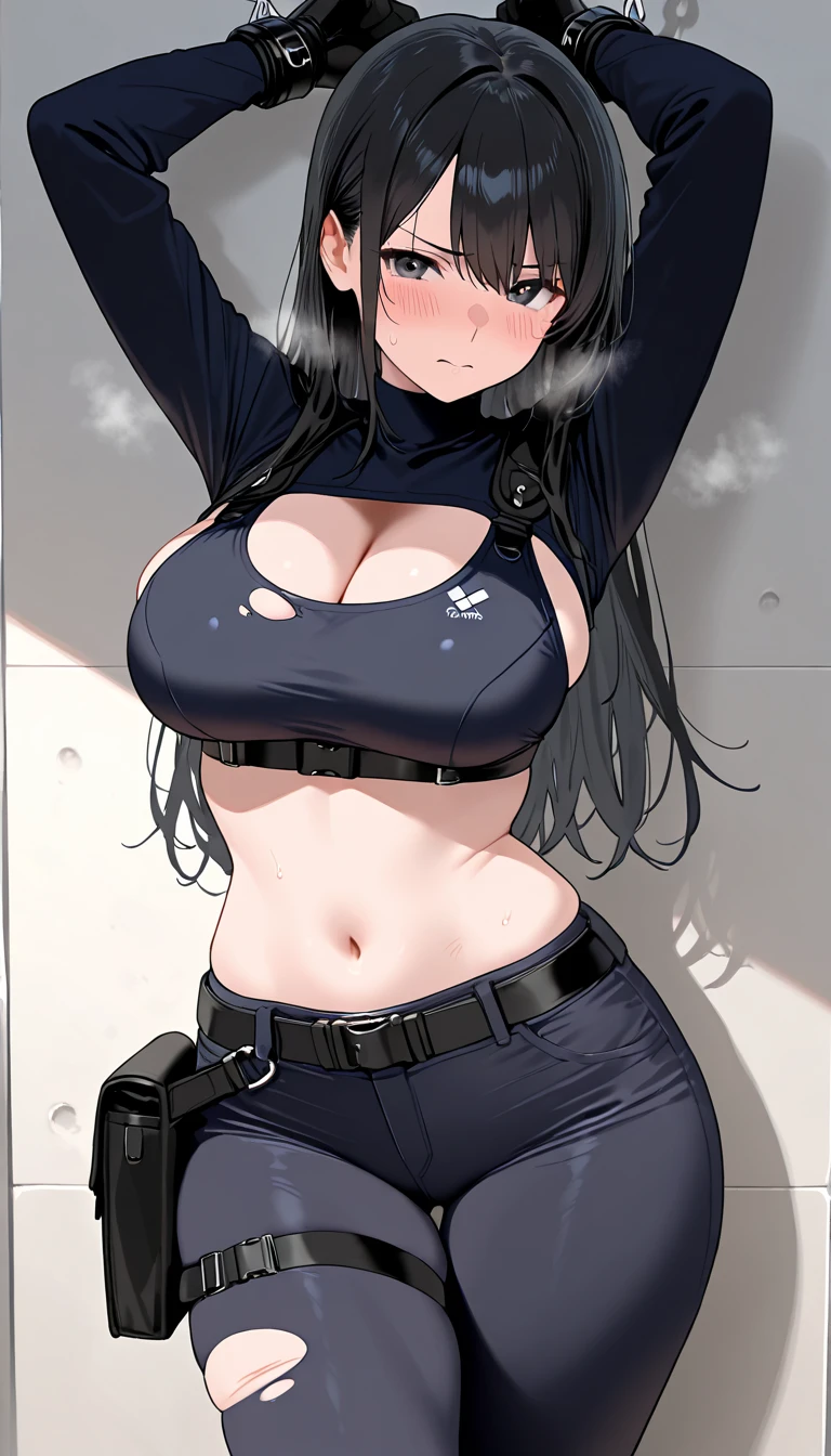 pale girl muscular girl huge breasts black hair yellow eyes expressionless sad