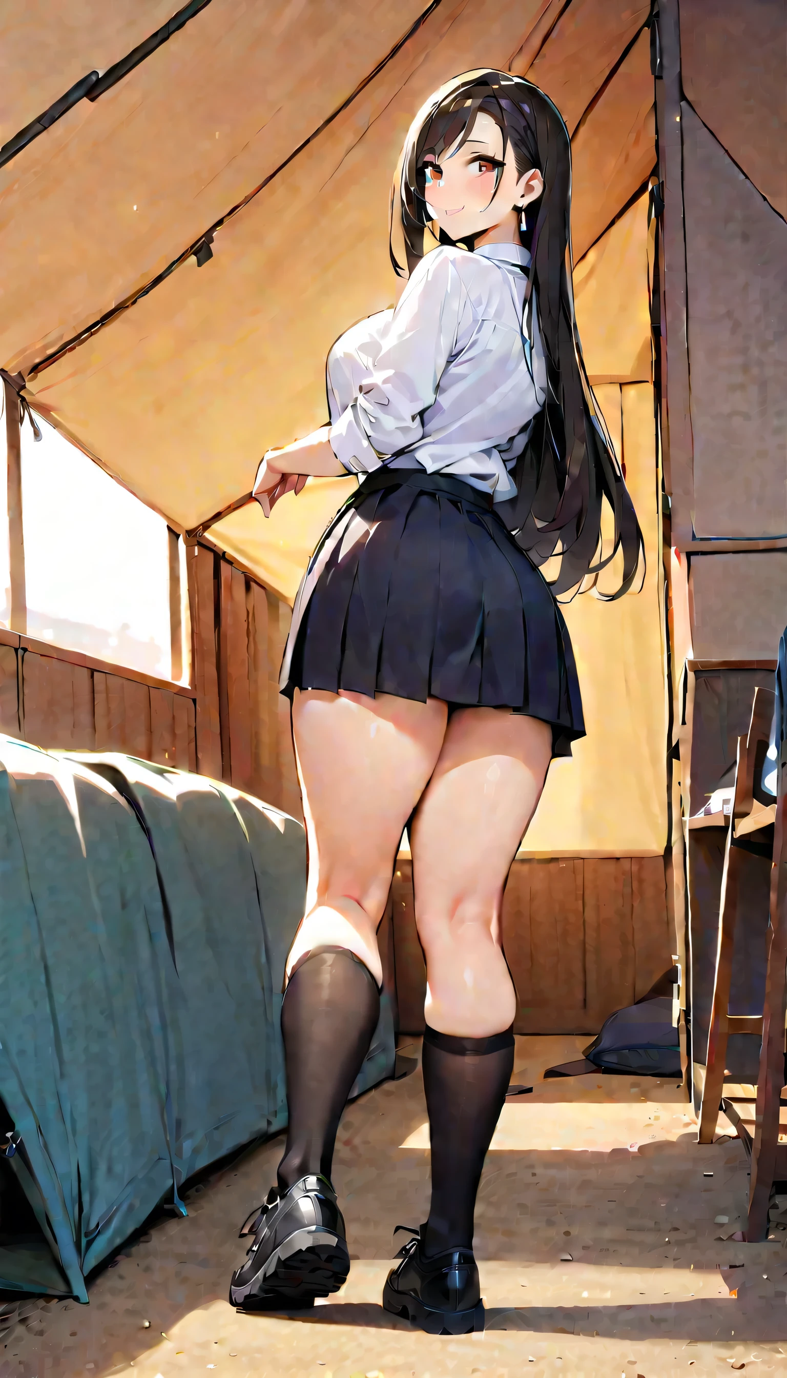 drooping eyes, eyes realistic sizing, (((round face))), ((hooking her crotch on a corner of the table to hit for masturbation, open legs, hiding crotch with her skirt)), thin t-shirt, skirt, ((a woman is holding at her butt from behind by her hand)), braid, (dim old storeroom), shoes,
