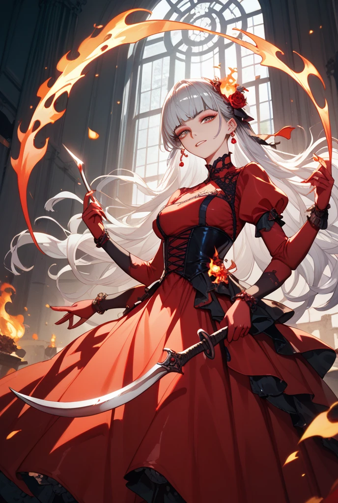 1girl, dragon,china dress, long white hair, red eyes, holding knives, confident smile, masterpiece, best quality, 8k, hyperrealistic, cinematic lighting, dramatic, dark fantasy, magical realism, vibrant colors, chiaroscuro, dramatic composition