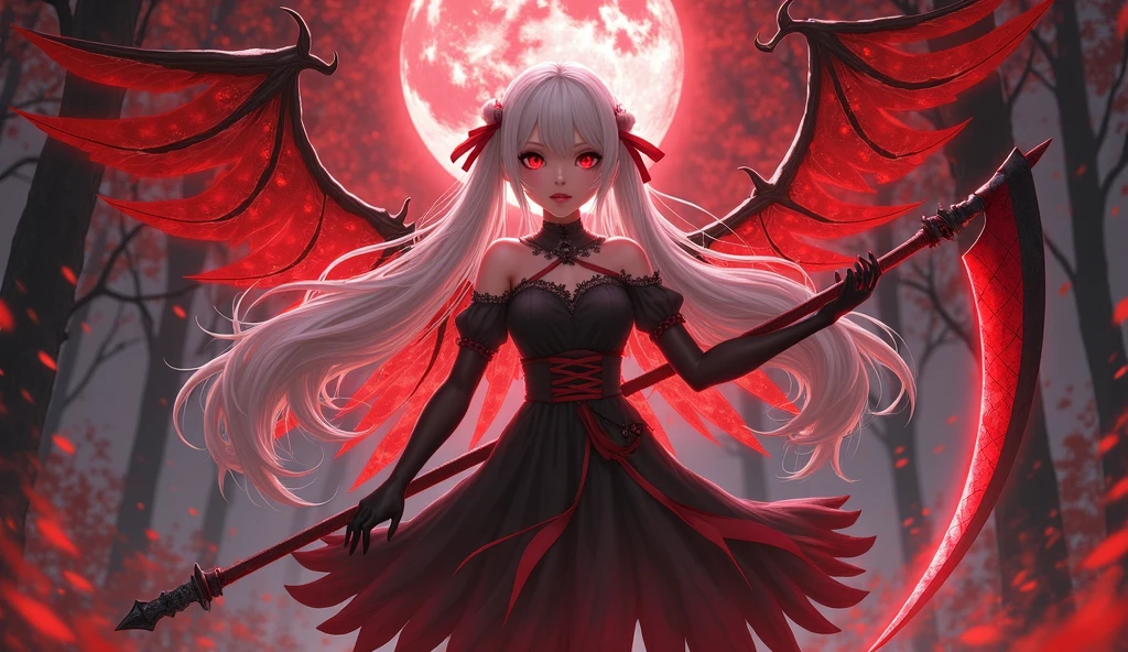 ((best quality)),((masterpiece)),(detailed),(wallpaper),(realistic:0.8),ultra high res,Highly detailed,beautiful detailed eyes,(1 girl),solo,demon horns,long hair,white hair,red eyes,black dress,armlet,ruins,sad,dynamic,lateral view,cowboy shot,dynamic angle,(red moon),ether,(bloody sky:1.2),(landscape:1.5),(dissolving:1.2),(fading:1.35),(disintegration:1.2),(broken glass:1.2),ruins,Look up,Empty eyes,From below,looking at viewer, --auto