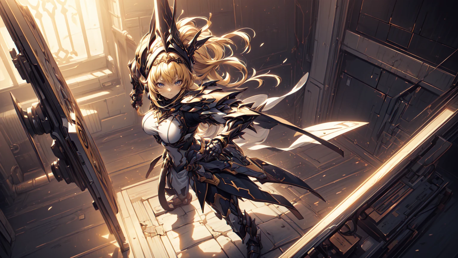 ((masterpiece)), (textured skin), ((high details)), best quality, award winning, 8k, beautiful woman, Mecha girl (black and gold machine parts), (mechanical body:1.2), Armament made up of complex parts, android woman, gradient hair, blonde hair, Night sky, neon lights, megalopolis, rifle, cowboy shot