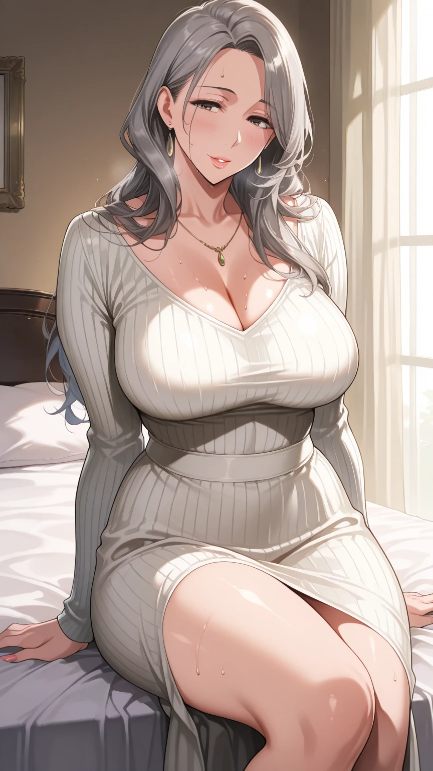 (masterpiece:1.2), best quality, high resolution, unity 8k wallpaper, (illustration:0.8), (beautiful detailed face:1.2, beautiful detailed eyes:1.2), perfect lighting, extremely detailed CG, (perfect hands, perfect anatomy) , Cute, beautiful, charming lady, shiny hair, lustrous skin,
big breasts, milf, married woman, soft With a gentle appearance and a gentle mother-like atmosphere,
dressed in a long crimson gothic dress, decorations of white flower pins
<lora:å®å´ æ Tsuki Uzaki (Uzaki-chan Wants to Hang Out!):0.8>, tsuki_a, grey hair, long hair, bangs, closed eyes, large breasts, women's blouse, skirt, , <lora:add_detail:1.0>