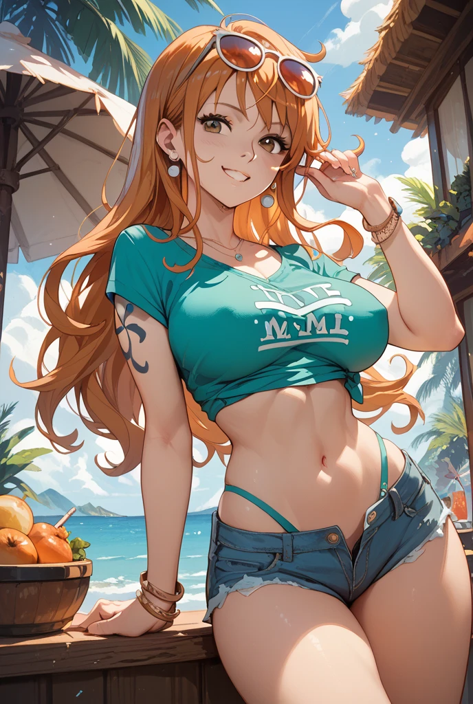 ((巨作)) ((Best Quality)) ((A highly detailed)) ((1Woman)) ((bikini)) ((bikini top only)) ((orange long hair)) ((silky long hair)) ((Right shoulder tattoo)) ((tall ;)) ((One Piece Nami)) ((Nami)) ((wet body)) ((big tits)) ((Attractive eyes)) ((sharp eyes)) ((slim body)) ((High-precision shades)) ((Attractive colors)) ((sky blue)) ((Log pose on her hand)) ((gold bracelets)) , tight , Low length jeans , Light shadows