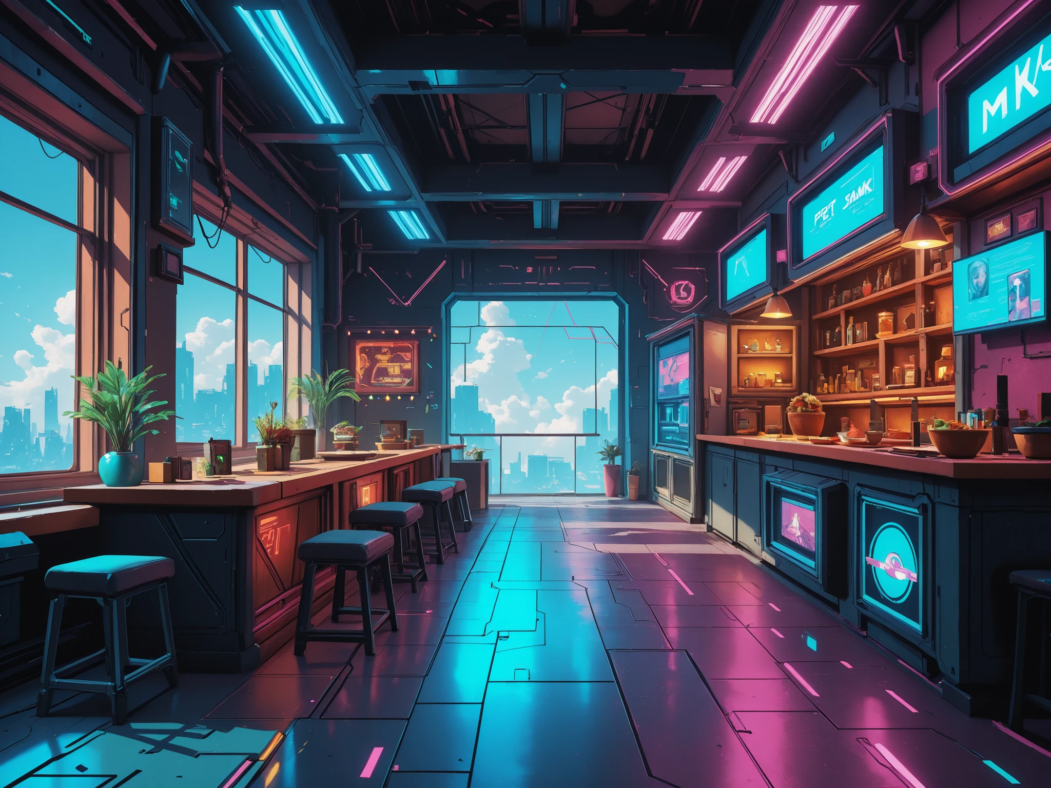 Conceptart,Concept Art,Samia, room, scenery, cyberpunk is coming, indoors, cyberpunk tavern, sky, day, wall decorations, cyberpunk style decorations, floor decorations, mksks style, best quality, perfect