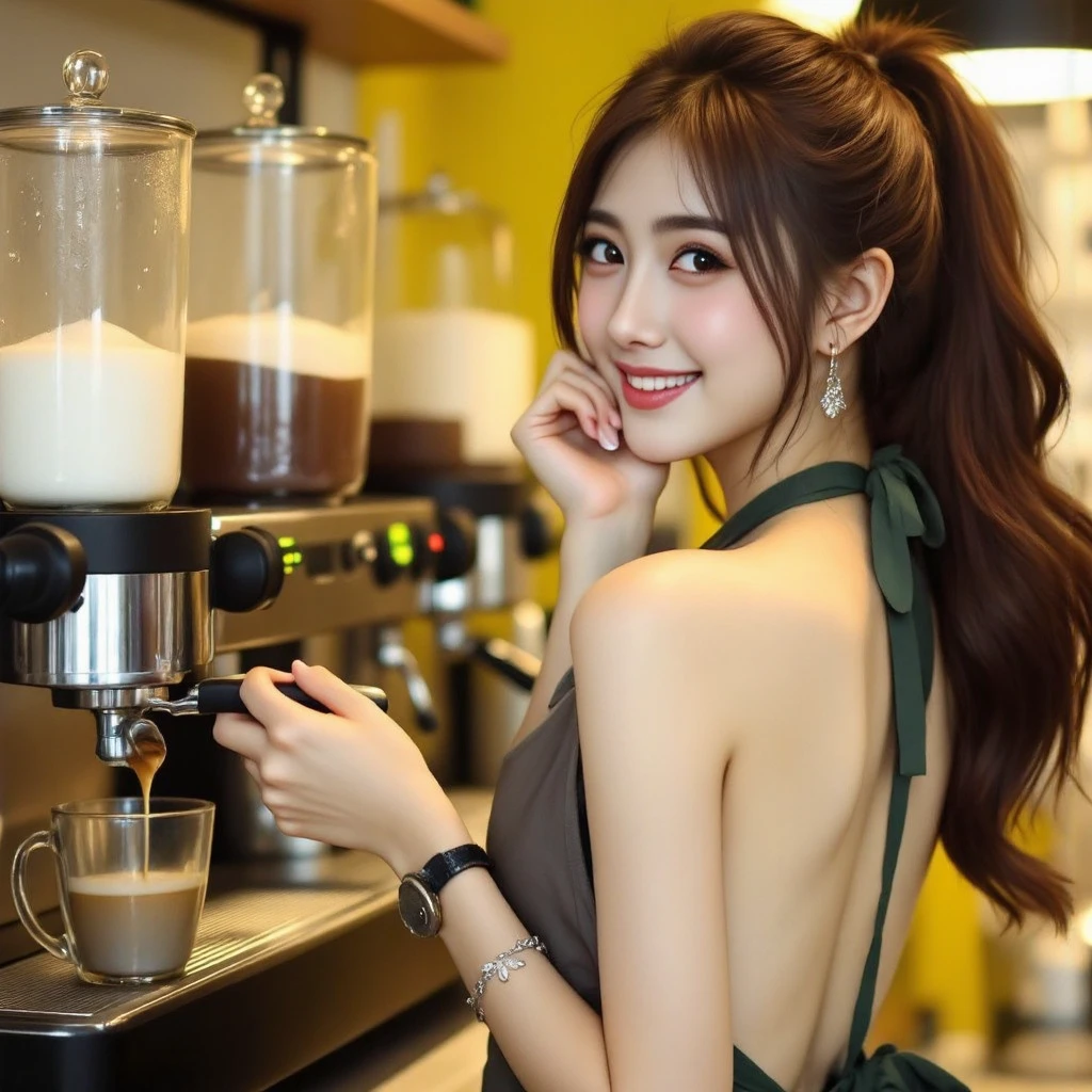 (Completely naked:1.4)、(Perfect Anatomy:1.4)、(Realistic, photo-Realistic:1.37),(8k, RAW Photos, Highest quality, masterpiece:1.2), Very detailed, 超High resolution, Kodak Vision Color, Filmed with an Arricam LT camera,Highest quality, Vibrant, 8k, High resolution, run away, (Professional Lighting), (Portraiture:0.6), Brown Hair,22 years old、thin、Stylish cafe、ponytail、coffeeを作っている、Inside the store、Japanese、Upper body close-up、smile、coffee、