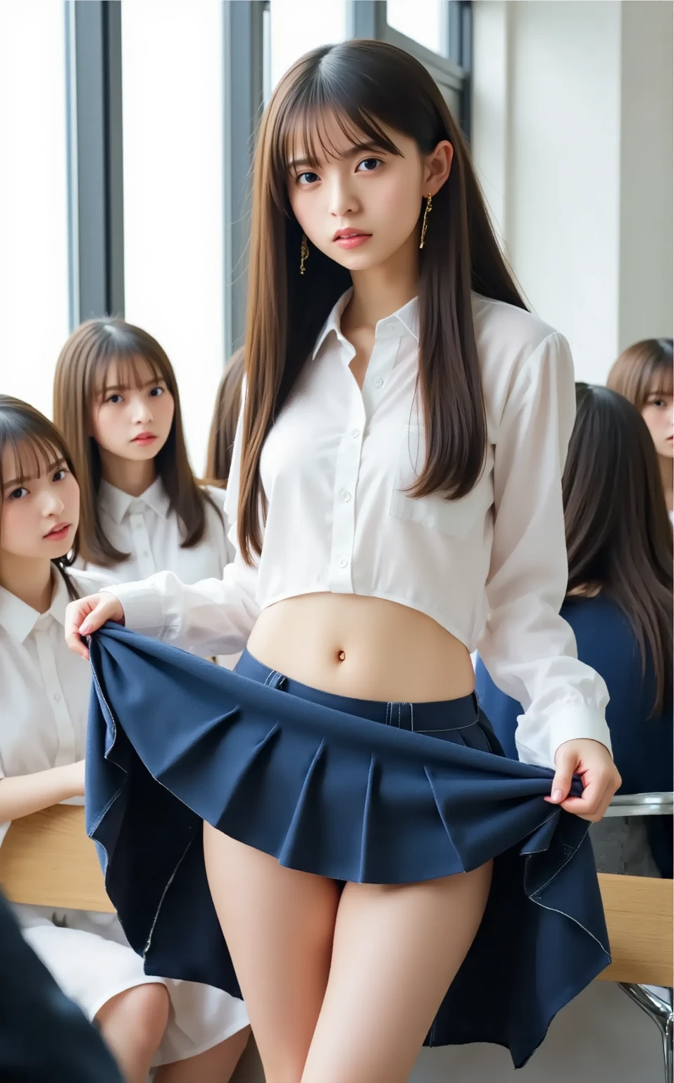 (masterpiece, highest quality:1.2), 8K, 12歳full nudeの女の子, 85mm, official art, Raw photo, スーパースリムなスレンダーbeautiful girl, (When I lift up my short navy blue skirt、full nude下Half body, I can see your crotch.:1.8)、short sleeveの白シャツ、show me your ears、naked girl photo shoot、full nude, cute face, close, Half body, biolace, gardenia, beautiful girl, , thighs, short sleeve, stand on the station platform, looking at the viewer, no makeup, (Face with a wry smile), film grain, chromatic aberration, sharp focus, face light, clear lighting, Ten generations, detailed face, background bokeh, (dark red tie:1.1)、((((((12 year old girl with a small waist))))))、((((((12歳の美しい美乳のfull nude女子高生)))))