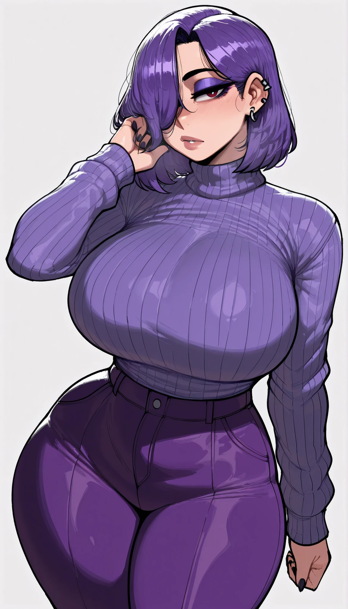 (solo) female , black short hair bob cut, woman (big breasts:1.5), attractive, purple shirt, tight black skirt, lab coat fit body, thicc, freckles, freckles on face, smug eyes, (happy expression), she is sitting look to the viewer , violet background, simple background, thick thighs (front view) high heels (white panties)