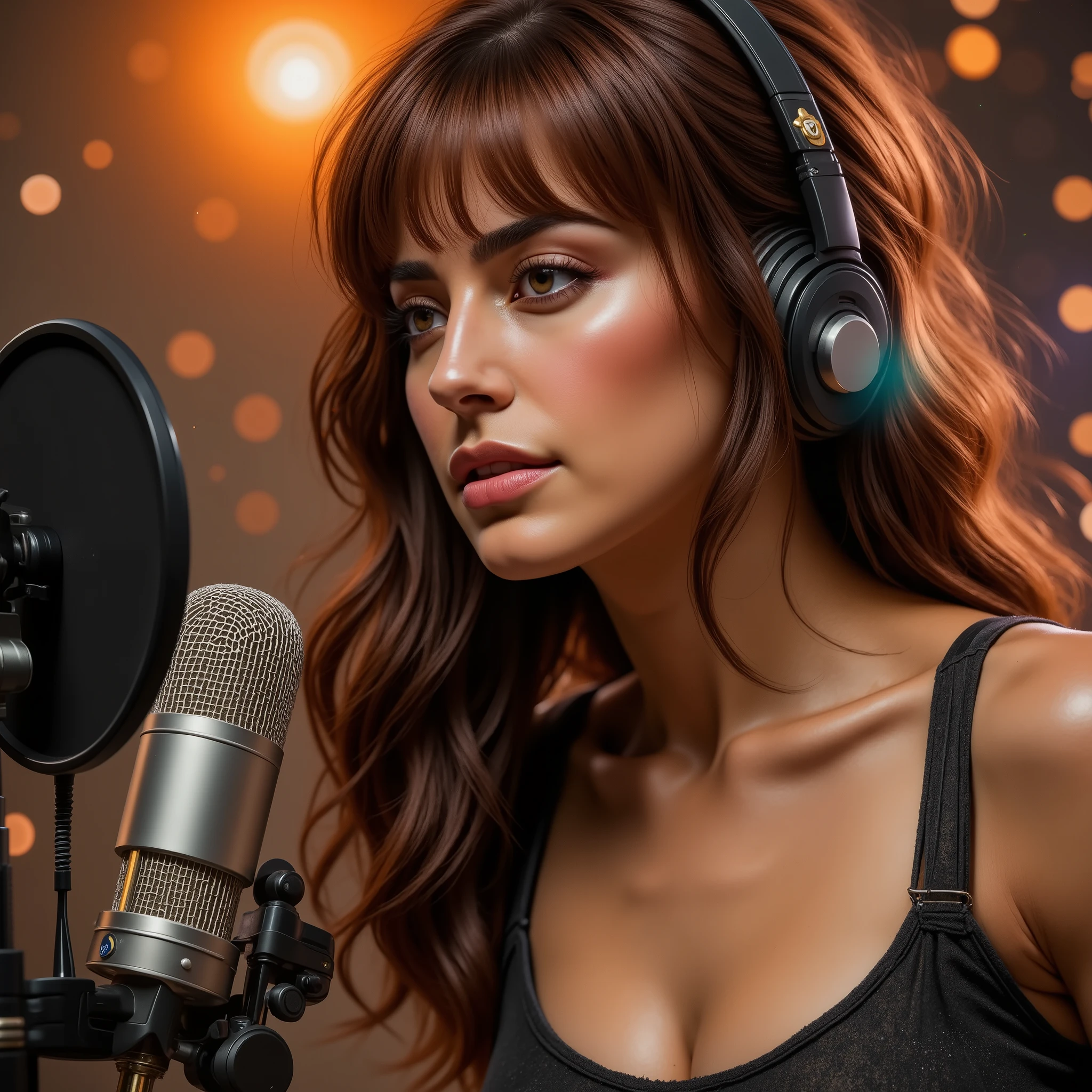 a real scene in a warm and modern studio recording a podcast. A charismatic woman speaking passionately into a professional microphone, wearing modern headphones. in the background : un decor modern, Original et lumineux. The atmosphere is uplifting,  Immersive. movie lights,  and soft splashes of water , Shallow depth of field, The image is shot in a full-format costume a f/1.8, 35mm lens.