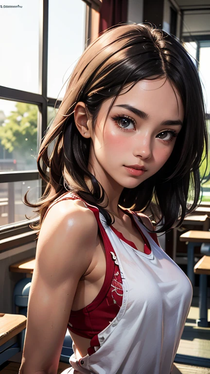 short black hair, with slightly messy bangs.  Dark, penetrating brown eyes.  Thin and marked build.  She wears torn black shorts, blue tennis shoes, and a pink navel blouse with straps. He has an axe in his right hand and a backpack on his back. Busty. 