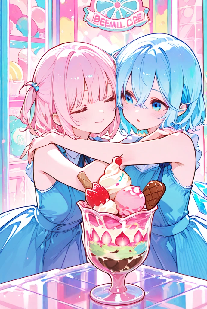 highest quality、High resolution、Detailed Background、(Beautiful face in every detail:1.4)、Anatomically correct、(Detailed facial expressions)、(Detailed eyes:1.2)、(Detailed eyes:1.2)、Teenage beauty、(Three Women)、(Highly detailed face:1.4)、cute hair color、Braided bob cut、Braided Ponytail、cute hairstyle、well-groomed eyebrows、Happy expression、A big smile、laughing、smile、A fun atmosphere、Cowboy Shot、Show upper body、
(Two girls eating ice cream and cake in a cute cafe:1.5)、
Ruffled or lace blouses、Bowtie camisole、flare skirt、Culottes with ribbon、Ribbon and flower motif hair accessories、
Choose sweet colors and designs、A neat and cute atmosphere、cute